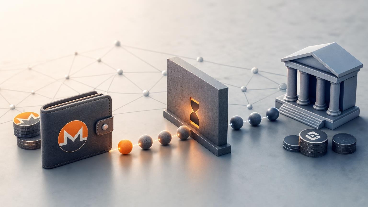 A Monero transaction moving from a wallet through blockchain confirmation stages before an exchange credits the XMR deposit